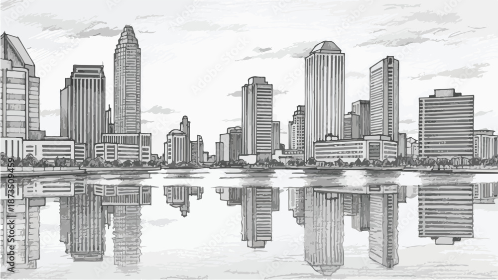 Fototapeta premium Modern city skyline reflection on calm water sketch