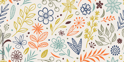 Seamless pattern of flowers and leaves, hand drawn plant elements, vector design