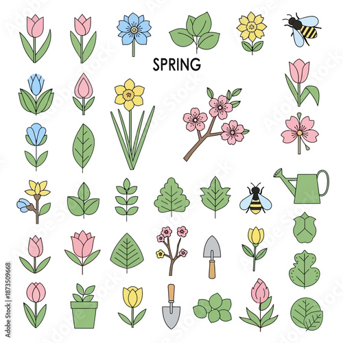 Spring Icons: Tulips, Flowers, Bees, Garden Tools, Leaves, Watering Can
