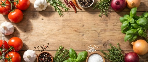 Culinary frame with vegetables and herbs on wooden background
