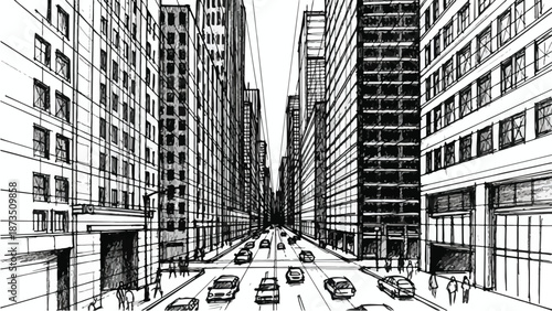 Low angle perspective of city street with tall skyscrapers sketch