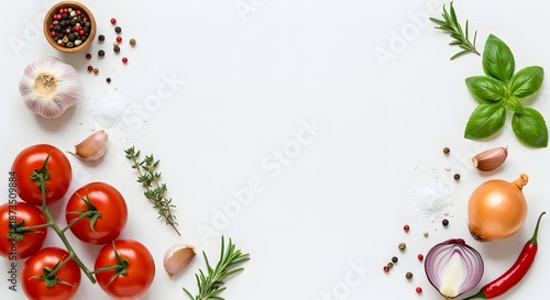 Culinary frame with vegetables and herbs on white background