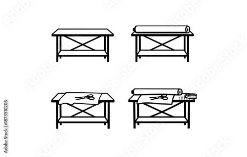 Tailoring table set: fabric roll, scissors, measuring tape for sewing projects