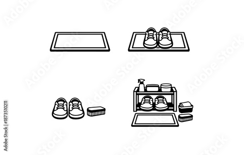 Shoe cleaning process: shoes, mats, brushes, and cleaning supplies illustrated