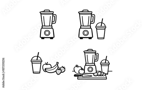 Black and white blender with smoothie, fruits, and vegetables illustration