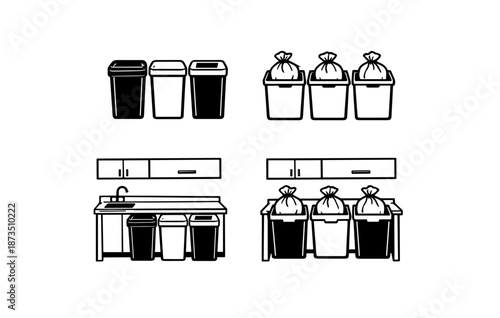 Waste sorting bins and kitchen countertop with recycling containers