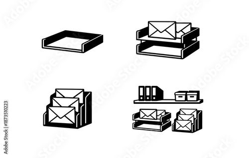 Organized office mail and document storage solutions with stackable trays and shelves