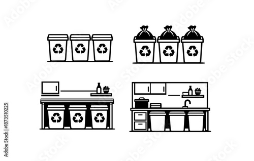 Recycling bins and waste sorting station with eco-friendly setup