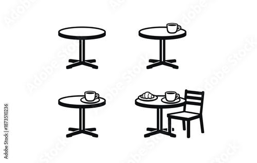 Set of café tables with coffee cups and pastry