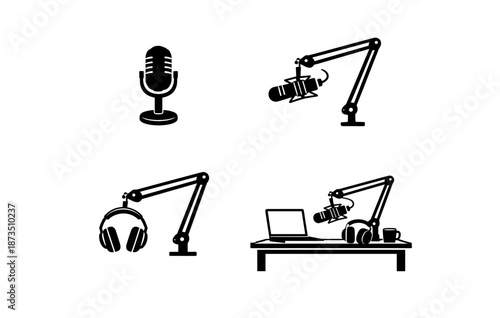 Podcast studio icon set with microphone, headphones, and laptop