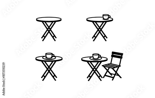 Set of simple round tables with cups and folding chair silhouettes