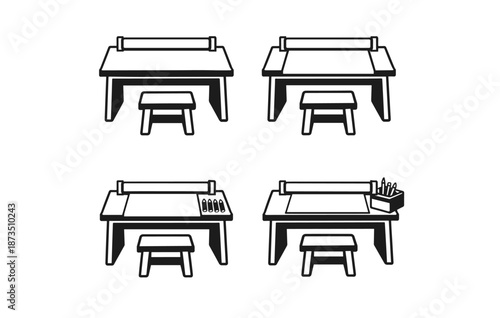 Set of four desk and stool sketches with stationery features