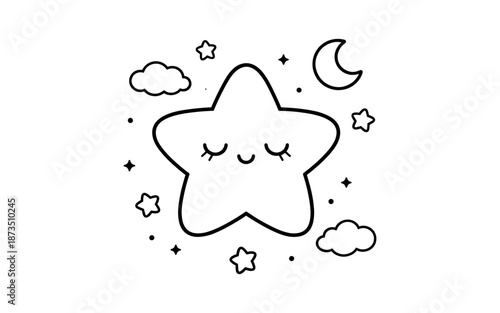 Cute sleeping star character surrounded by clouds and stars at night