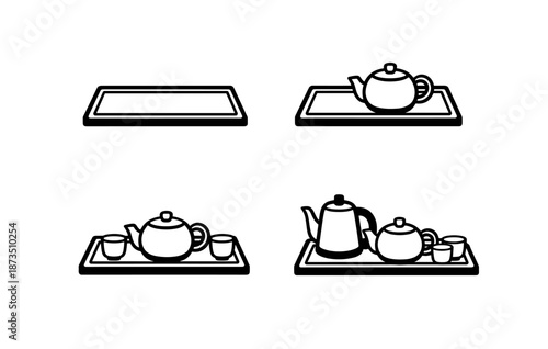 Tea set icon collection with teapots and cups on trays