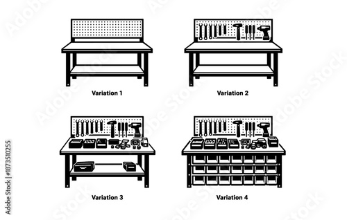 Four variations of workbenches with tools and storage options illustrated