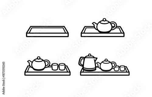 Evolution of tea tray setup with teapot and cups in four steps