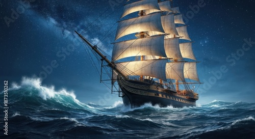 A tall ship sails on a turbulent sea under a starry night