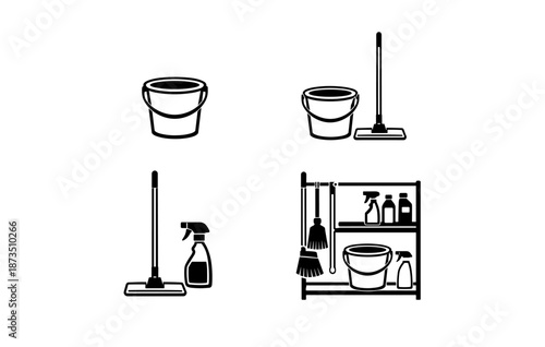 Black and white cleaning tools illustration with mop, bucket, spray bottle, and shelf