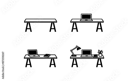 Minimalist desk setups with laptops and accessories in modern line art style
