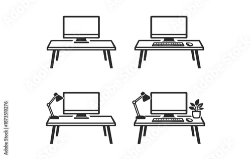 Minimalist home office desk setups with computer monitors and accessories