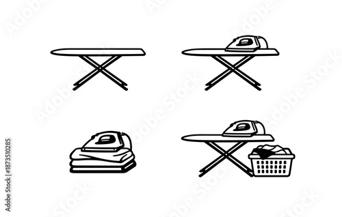 Ironing concepts: iron and board, laundry basket, folded clothes