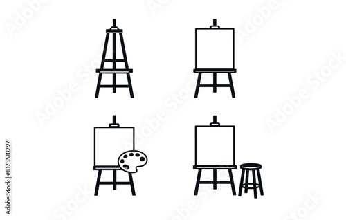 Set of four minimalist art easels with palette and stool