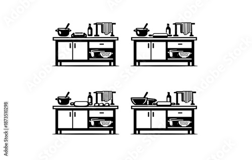 Identical kitchen counter illustrations featuring cooking utensils and ingredients