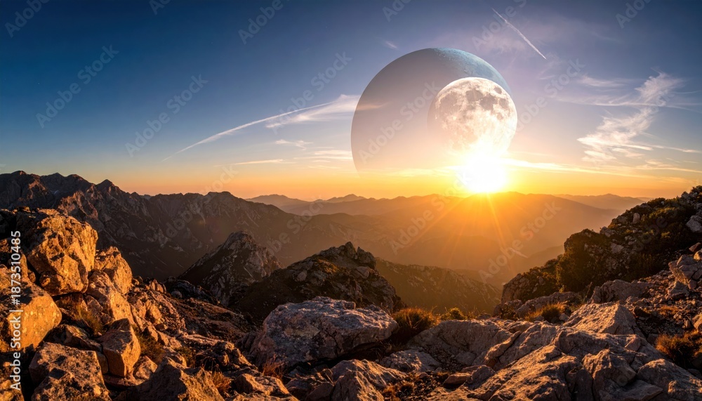 custom made wallpaper toronto digitalMajestic Mountain Vista with Celestial Body and Golden Sunset.