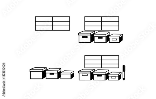 Organized storage solutions with multiple box sizes and labels