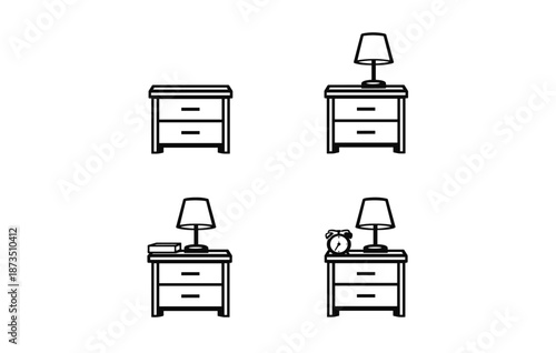 Set of nightstands with lamps and accessories in minimalist style