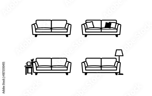 Minimalist sofa icon set with pillows and lamp in black and white design