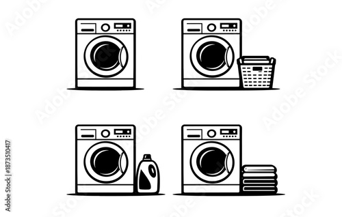 Washing machine and laundry icons with basket and detergent