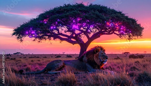 Majestic Lion Resting Under Acacia Tree at Sunset in African Savannah.