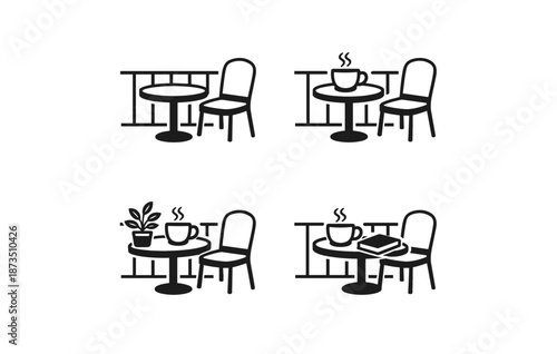 Simple icon set of various cafe table arrangements with coffee and accessories