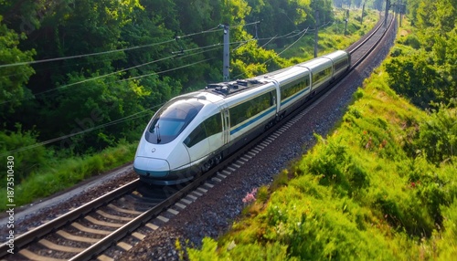 High-Speed Train Journeying Through Lush Green Forest Landscape.