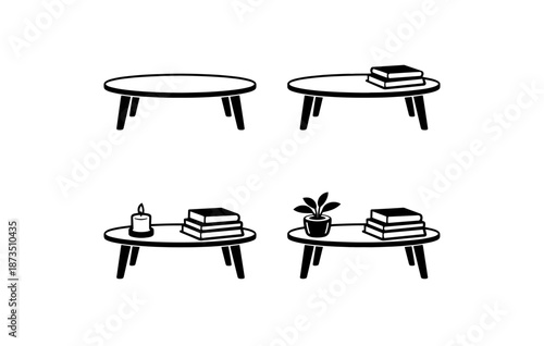 Minimalist coffee tables with books and decor items in black and white silhouettes