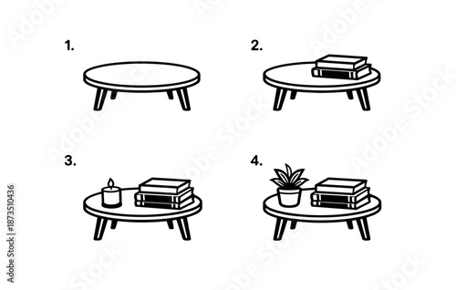 Four minimalist coffee table designs with books, candle, and plant arrangements