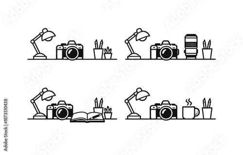 Desk essentials with cameras, lamps, and plants in minimalist outline design