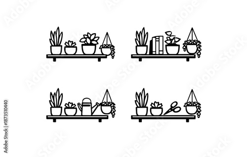 Set of decorative plant shelves with succulents and books in minimalist design