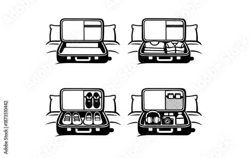 Four stages of packing a suitcase on a bed: open, clothes, shoes, accessories