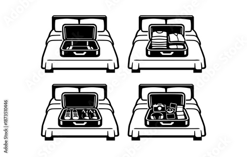 Illustration of suitcases with clothes, shoes, and gadgets on beds