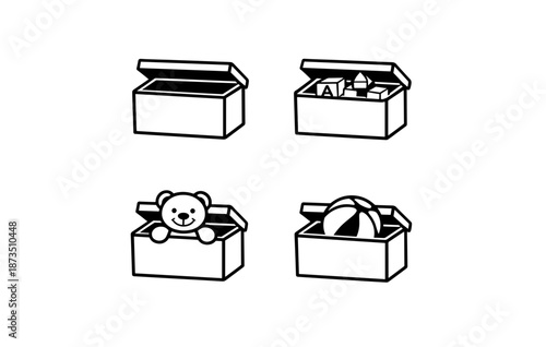 Toy storage boxes: empty, geometric shapes, teddy bear, ball collection