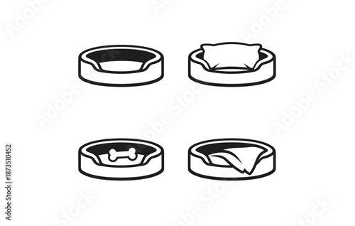 Set of four dog bed icons with pillows and blankets