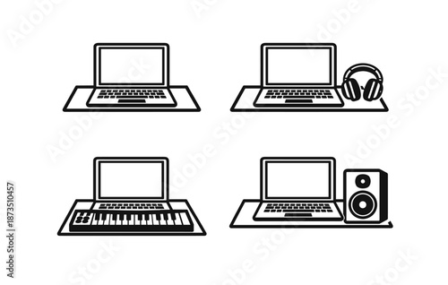 Digital audio workstation icons: laptop, headphones, keyboard, speaker set