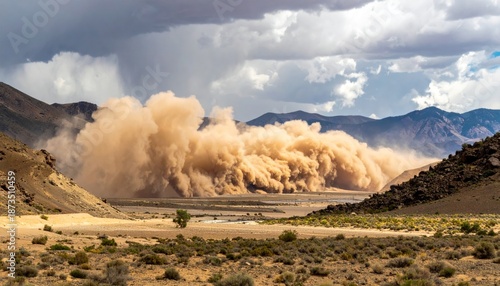 Massive Dust Storm Sweeps Through Arid Mountain Landscape.