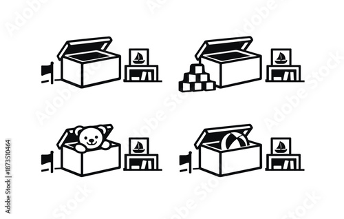 Four toy boxes with open lids and contents: empty, blocks, teddy bear, beach ball