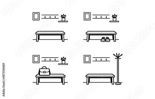 Minimalist entryway designs: benches, hooks, plants, bags, and shoes in simple illustration