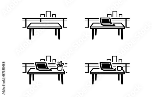 Minimalist desk variations with laptop, plant, mug, and cityscape background