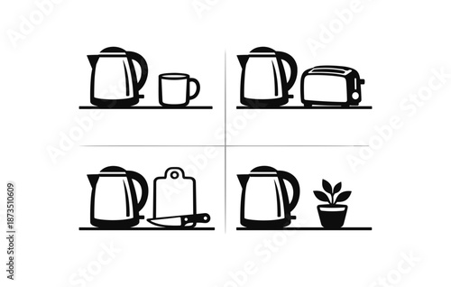 Kitchen appliance silhouettes: kettle, mug, toaster, cutting board, plant