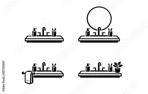 Minimalist bathroom vanity icon set with mirror, towel, plant, soap dispenser, toothbrush holder
